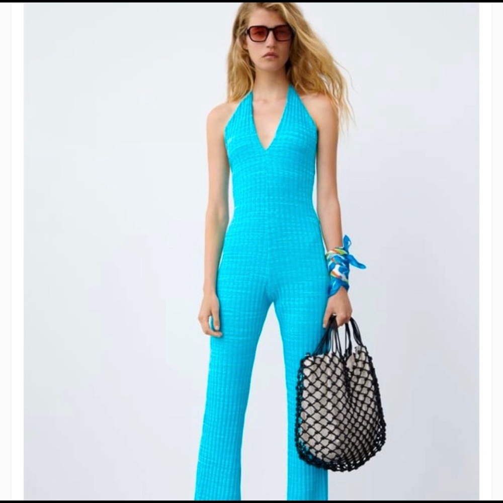 Zara knit turquoise blue jumpsuit